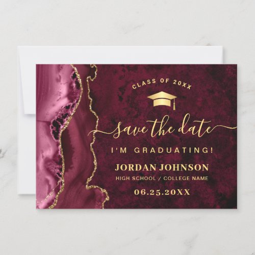 Modern Golden Burgundy Marble Graduation QR code Save The Date