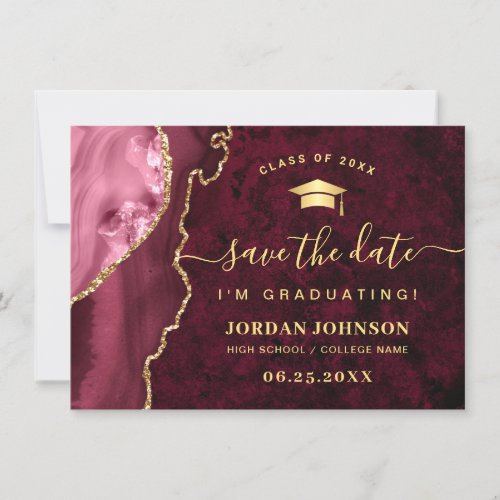 Modern Golden Burgundy Marble Graduation QR code Save The Date