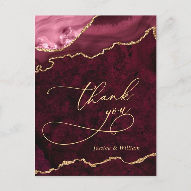 Modern Golden Burgundy Marble Wedding Thank You Postcard (Front)