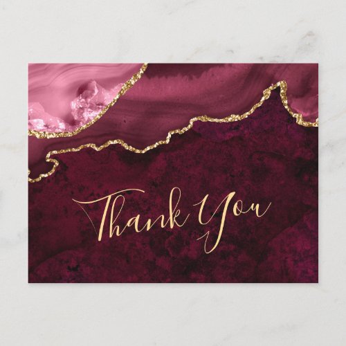 Modern Golden Burgundy Marble Wedding Thank You Postcard