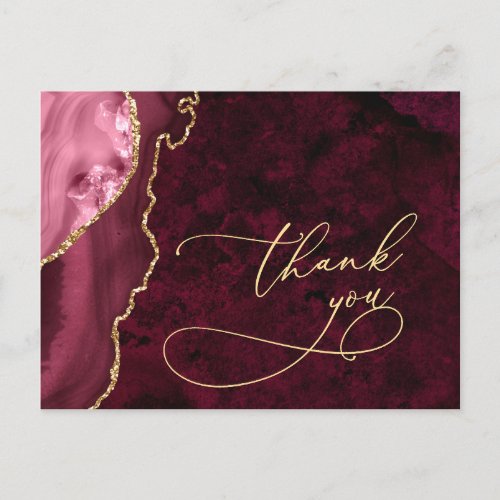 Modern Golden Burgundy Marble Wedding Thank You Postcard