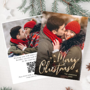 Modern Golden Christmas 2 PHOTO QR code Holiday Card