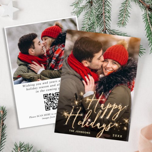 Modern Golden Christmas 2 PHOTO QR code Holiday Card