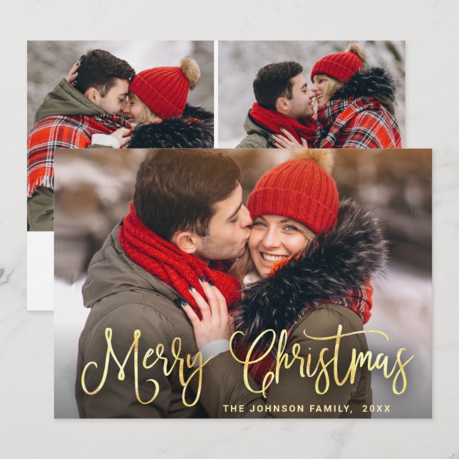 Modern Golden Christmas 3 PHOTO Greeting Holiday Card (Front/Back)