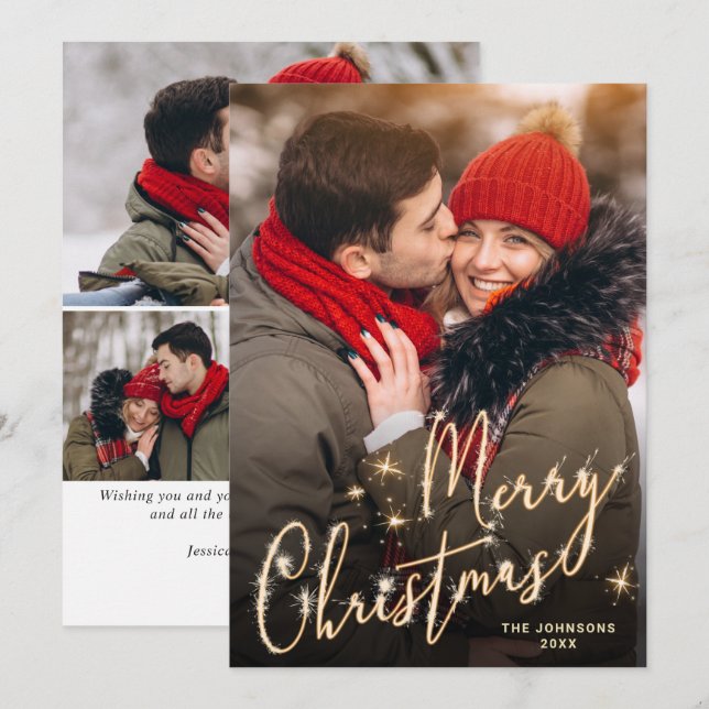 Modern Golden Christmas 4 PHOTO Holiday Greeting (Front/Back)