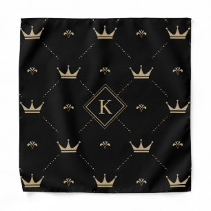 Modern Golden Crown Pattern Monogram Initial Black Bandana