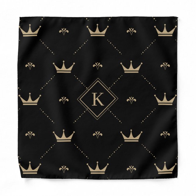 Modern Golden Crown Pattern Monogram Initial Black Bandana (Front)