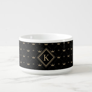 Modern Golden Crown Pattern Monogram Initial Black Bowl