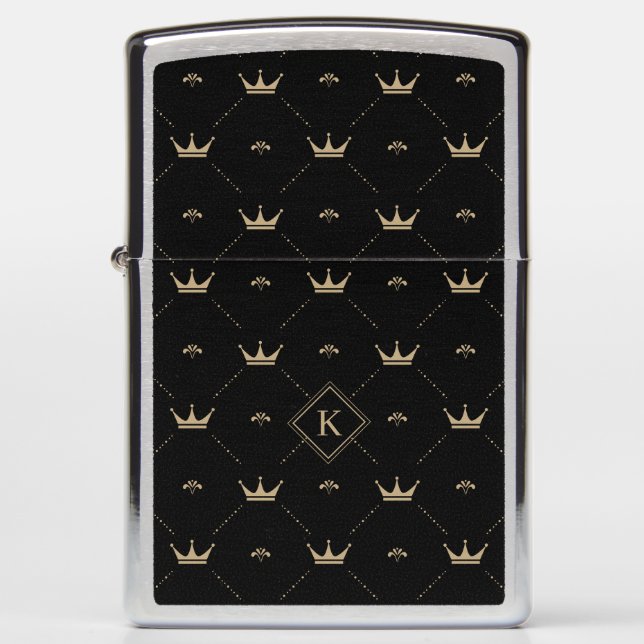 Modern Golden Crown Pattern Monogram Initial Black Zippo Lighter (Front)