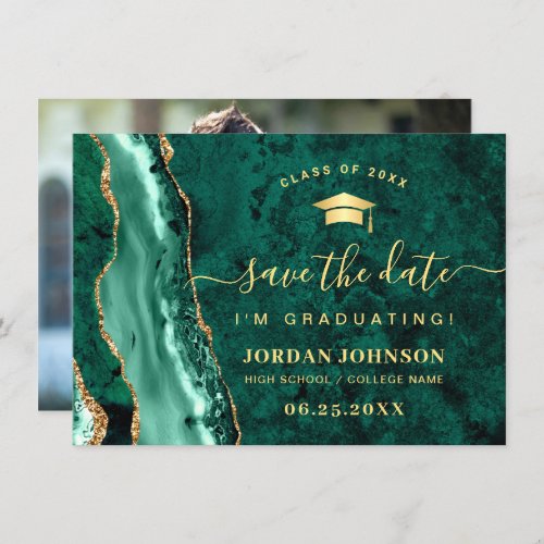 Modern Golden Emerald Marble Graduation Photo Save The Date