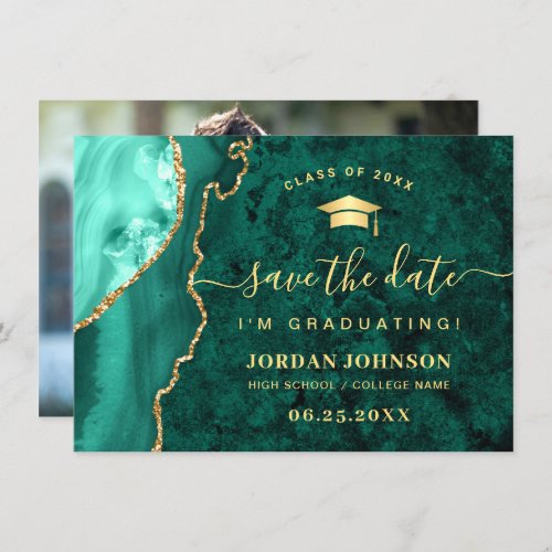 Modern Golden Emerald Marble Graduation Photo Save The Date