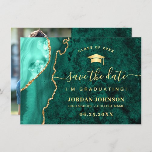 Modern Golden Emerald Marble Graduation QR code Save The Date