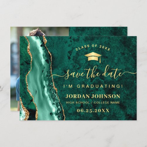 Modern Golden Emerald Marble Graduation QR code Save The Date