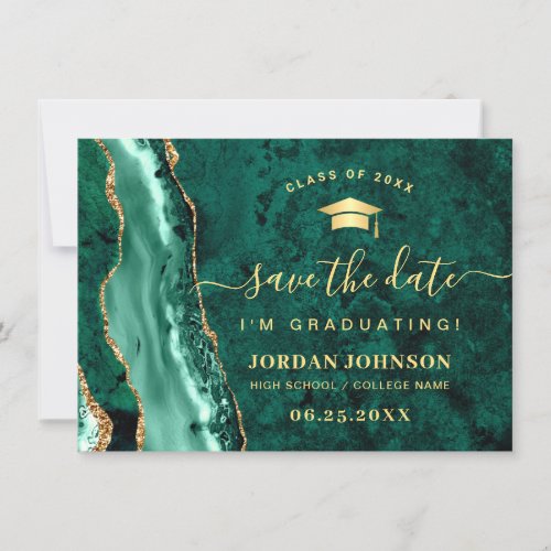 Modern Golden Emerald Marble Graduation QR code Save The Date