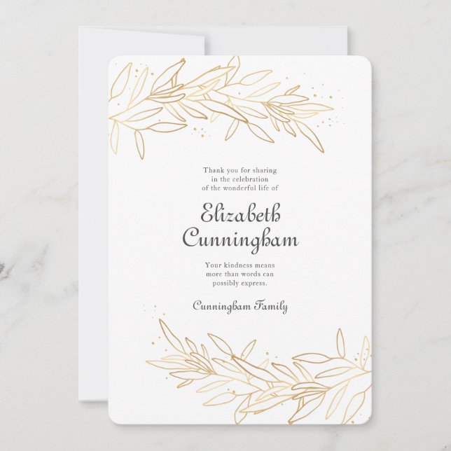 Modern Golden Floral Memorial Thank You Card (Front)