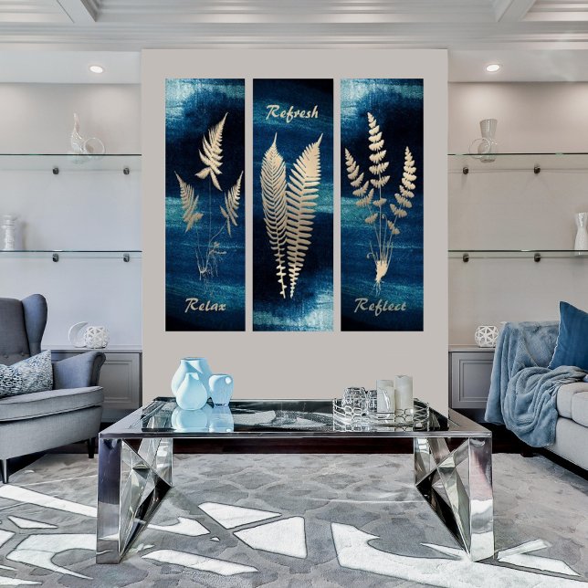 Modern Golden Foliage Navy Blue Triptych Wall Art (Creator Uploaded)