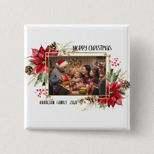 Modern golden Frame Floral Merry Christmas Photo Button