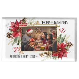 Modern golden Frame Floral Merry Christmas Photo Place Card Holder