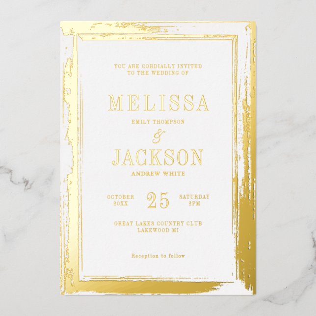 Modern golden frame Wedding Foil Invitation (Front)