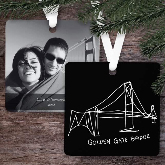 Modern Golden Gate Bridge Doodle w/ Photo and Text Metal Ornament (Creator Uploaded)