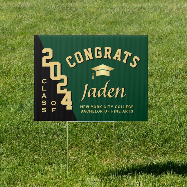 Modern Golden Green 2024 Graduation Banner Yard Sign (Insitu)