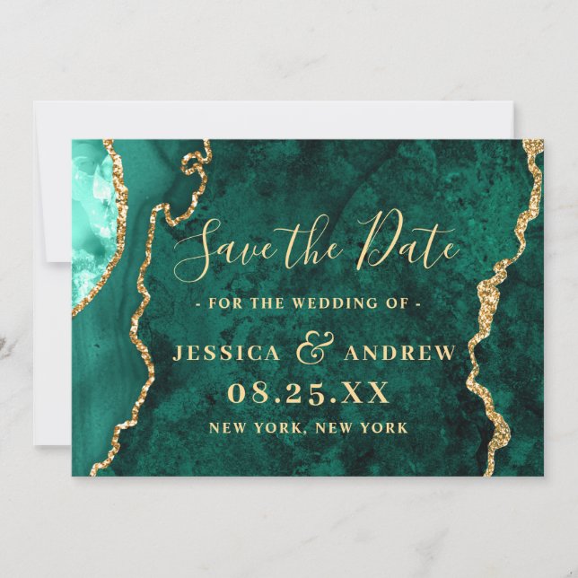 Modern Golden Green Agate Marble Wedding Save The Date (Front)