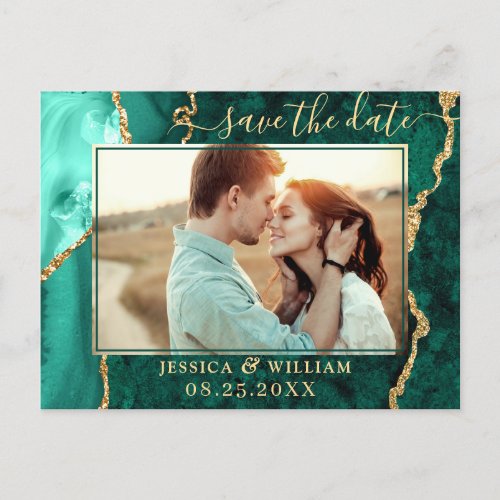 Modern Golden Green Agate PHOTO Save the Date Postcard