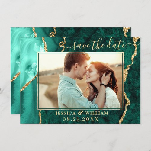 Modern Golden Green Agate PHOTO Wedding Save The Date