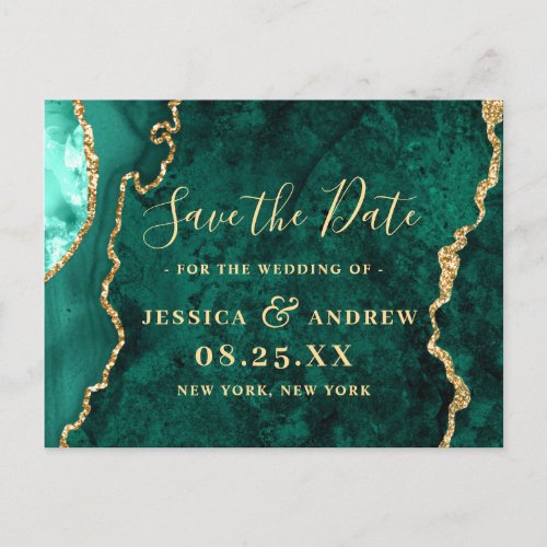 Modern Golden Green Agate Wedding Save the Date Postcard