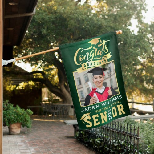 Modern Golden Green Graduation Class of 2024 PHOTO House Flag