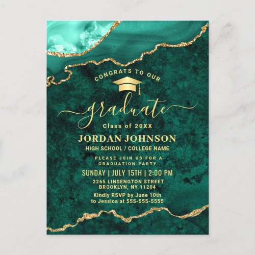 Modern Golden Green Graduation Party Announcement Postcard