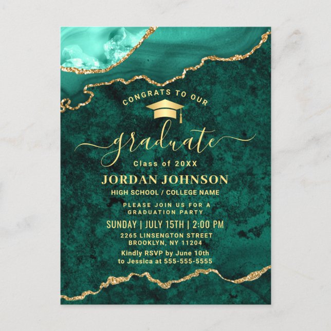 Modern Golden Green Graduation Party Invitation Postcard (Front)