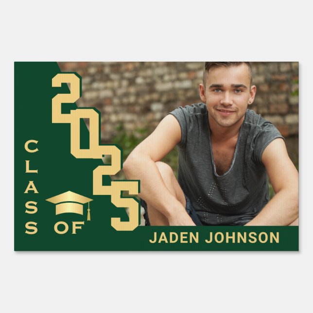 Modern Golden Green Graduation Photo Yard Sign (Front)