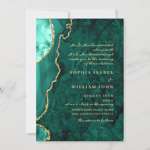 Modern Golden Green Marble Agate Wedding Invitation