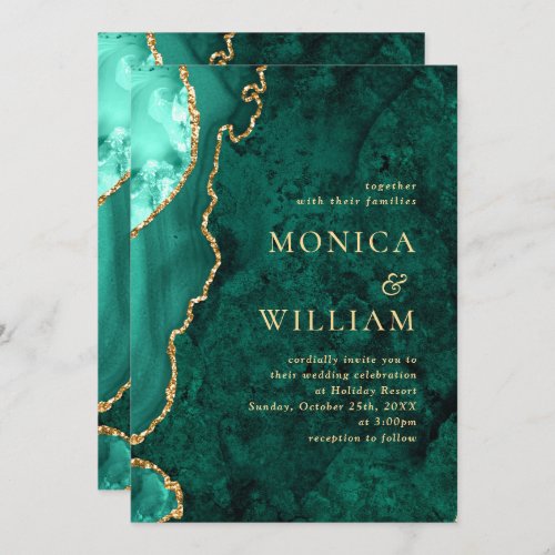 Modern Golden Green Marble Agate Wedding Invitation