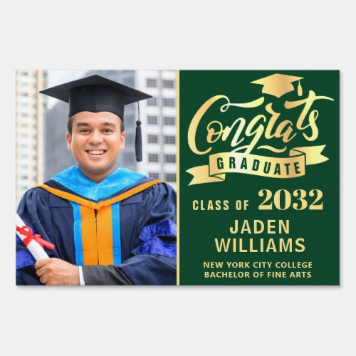 Modern Golden Green PHOTO Graduation Banner Yard Sign