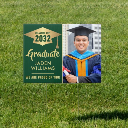 Modern Golden Green PHOTO Graduation Banner Yard Sign