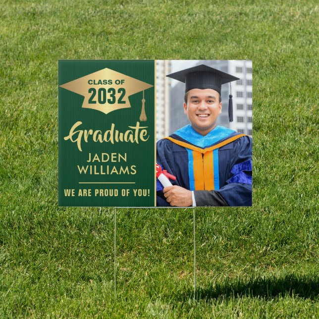 Modern Golden Green PHOTO Graduation Banner Yard Sign (Insitu)