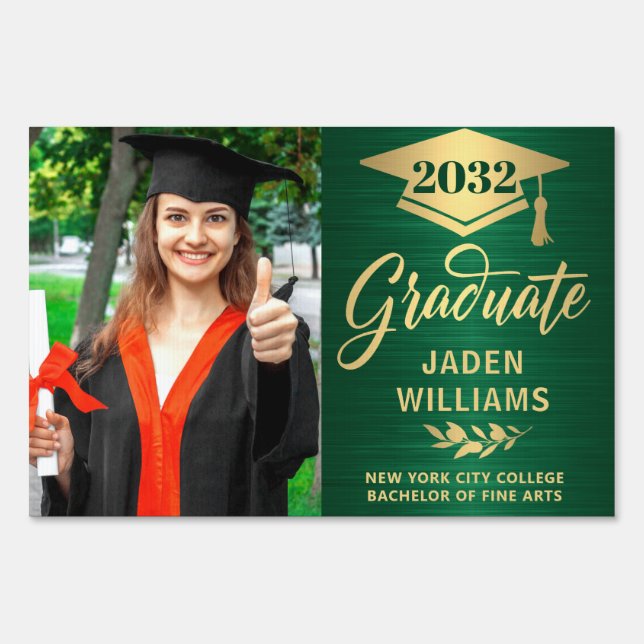Modern Golden Green PHOTO Graduation Banner Yard Sign (Front)