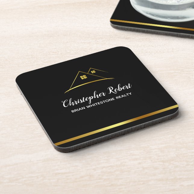 Modern Golden House Logo Real Estate Beverage Coaster (Left Side)