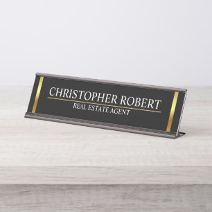 Modern Golden House Logo Real Estate Desk Name Plate