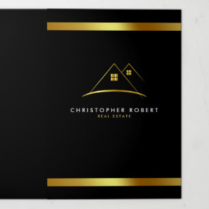 Modern Golden House Logo Real Estate Tri-Fold Card