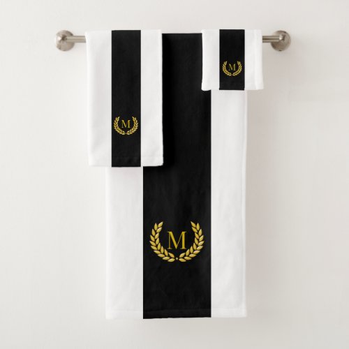 Modern Golden Laurel  Monogram on Black  White Bath Towel Set