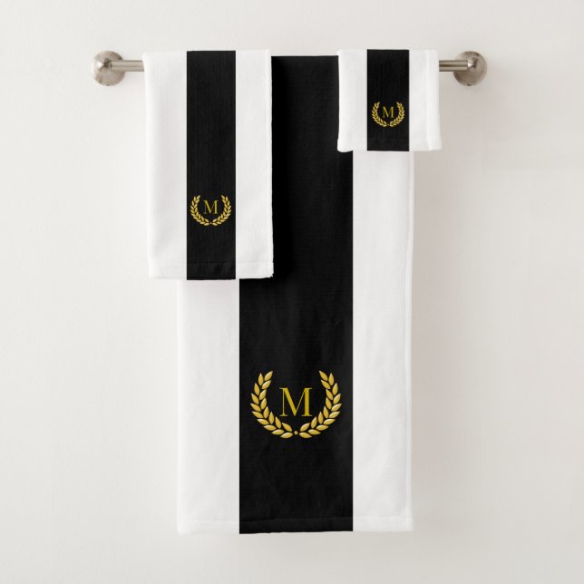 Modern Golden Laurel & Monogram on Black & White Bath Towel Set (Insitu)