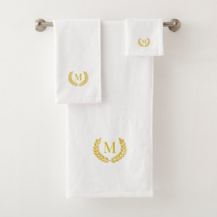Modern Golden Laurel & Monogram on White Bath Towel Set