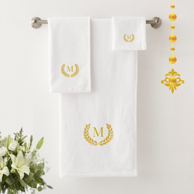 Modern Golden Laurel & Monogram on White Bath Towel Set (Creator Uploaded)