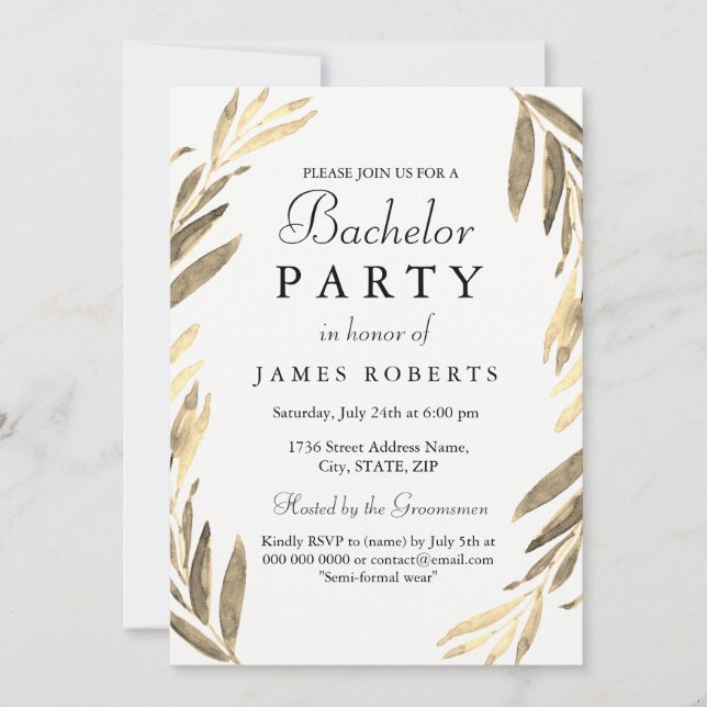 Modern Golden Leaf Bachelor Party Invite (Front)