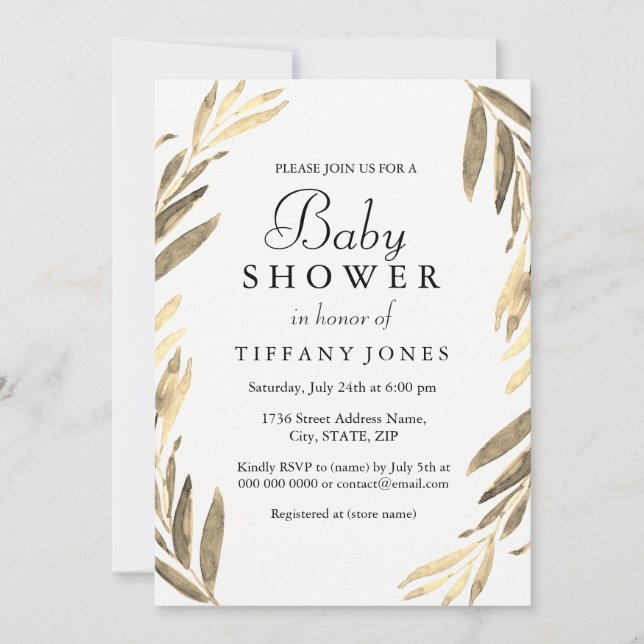 Modern Golden Leaf girl or boy Baby Shower Invite (Front)