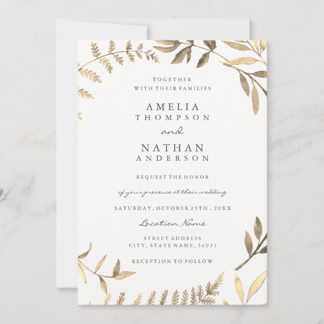 Modern Golden Leaf Wedding Invitation (Front)