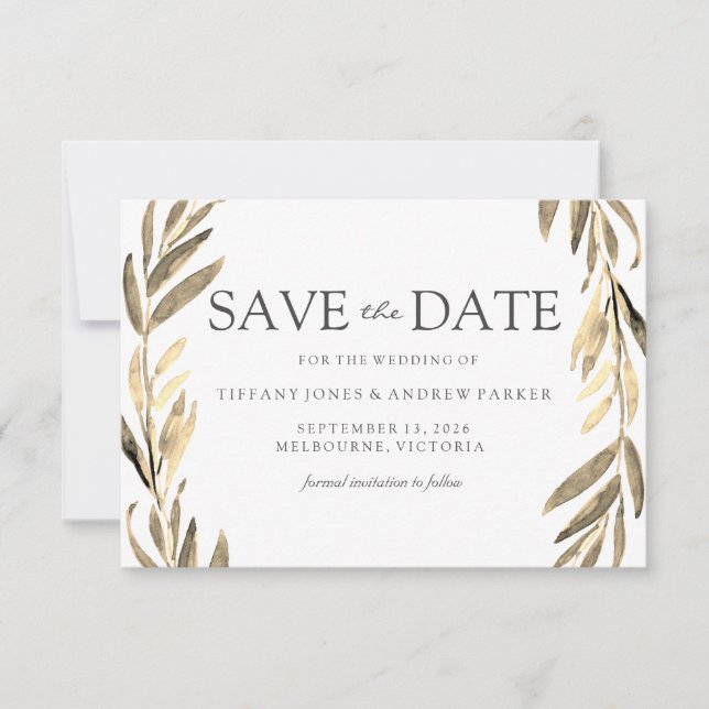 Modern Golden Leaf Wreath Save The Date (Front)